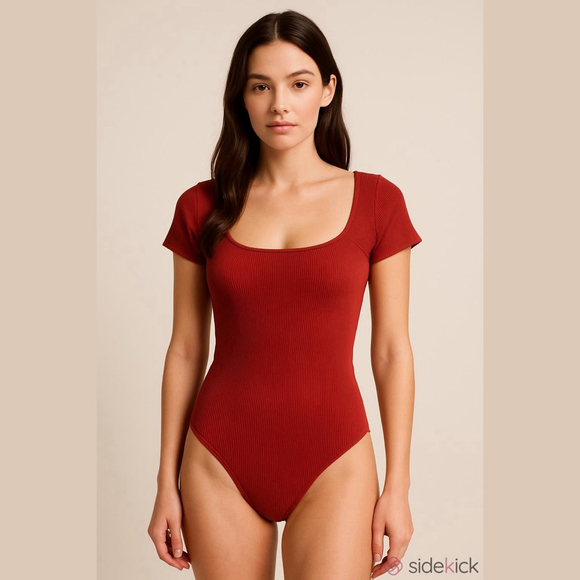 Express Tops - Women's Express Red Ribbed Short Sleeve Bodysuit S